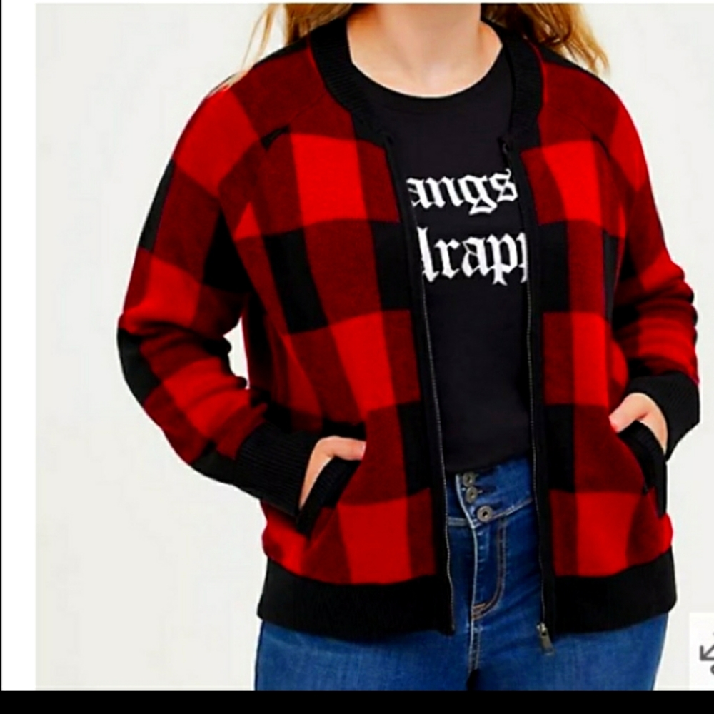 Torrid RAGLAN BOMBER CARDIGAN SWEATER - PLAID RED size 3